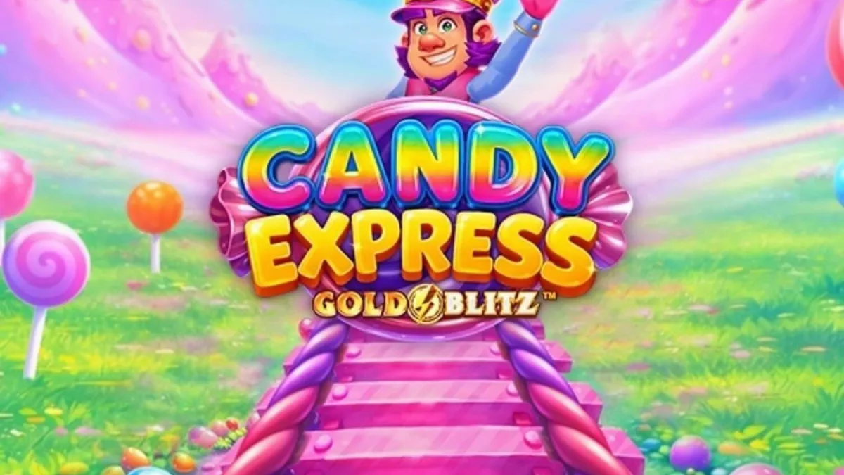 Candy Express Gold Blitz slot game interface featuring candy-themed train graphics