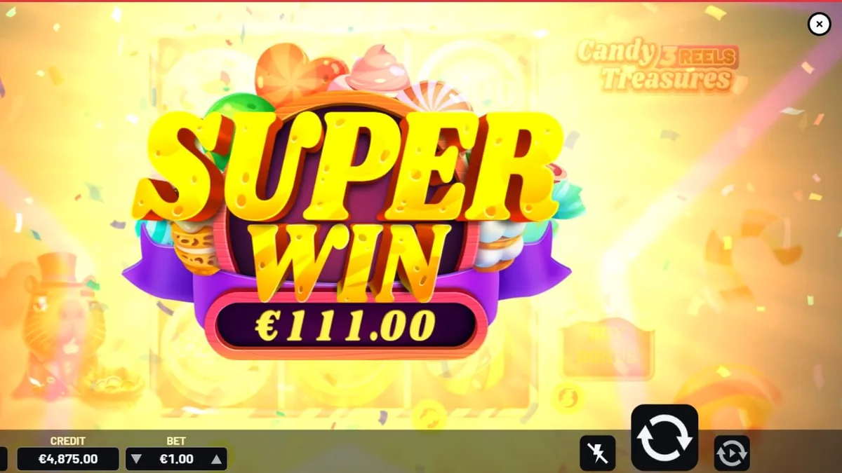Candy Treasures 3 Reels slot machine interface showing colorful candy symbols and multiplier features.
